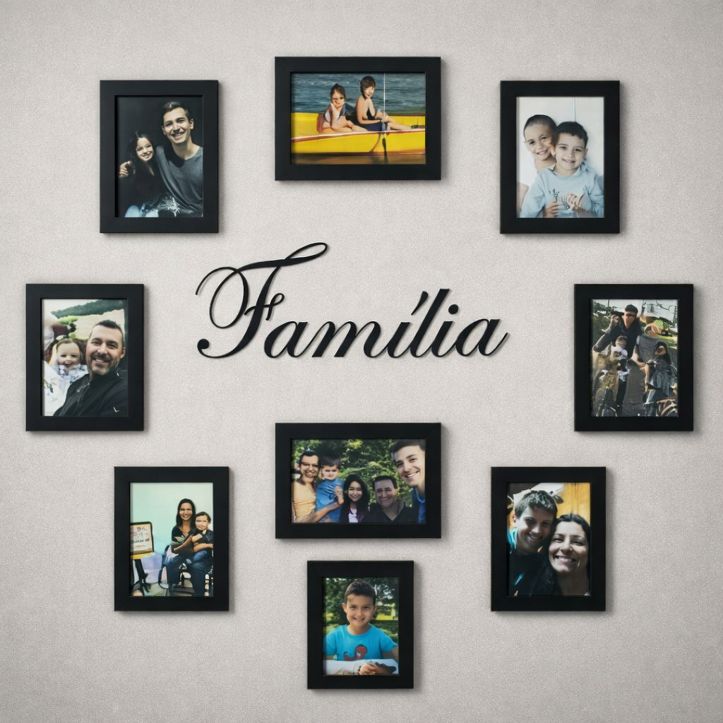 Kit Porta-Retrato Família 9 Fotos + Letreiro - Decoração Sala Quarto - Presente Família - MDF Premium