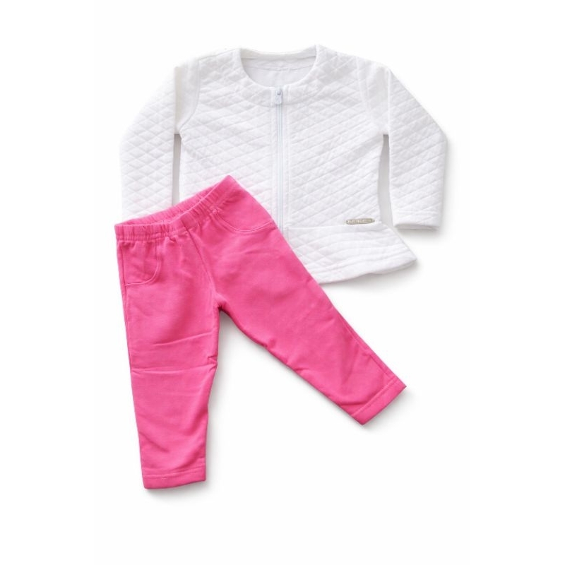 Conjunto Inverno Menina Estilosa Rosa + Casaco Matelassê Branco | Tamanho 6 a 9 meses.