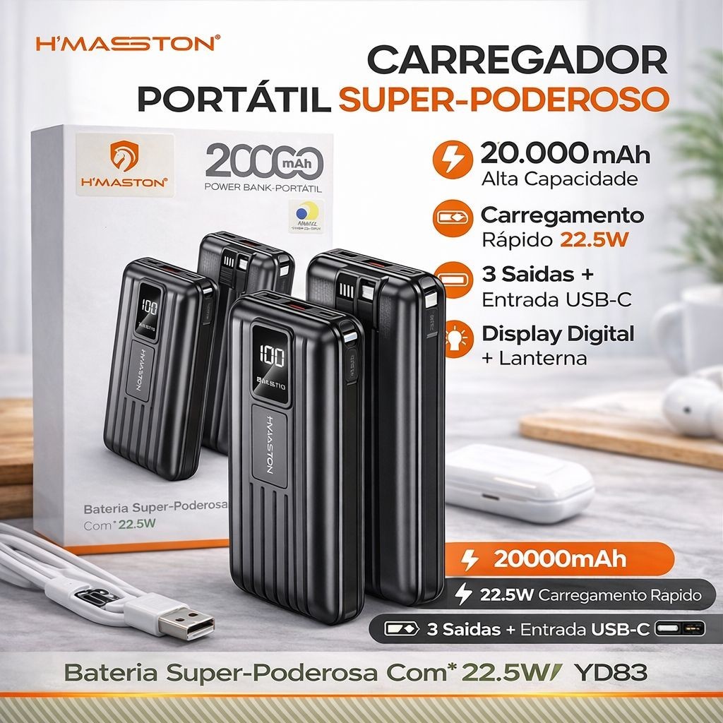 Carregador Portátil 20000mAh 22.5W Turbo USB-C Power Bank YD83