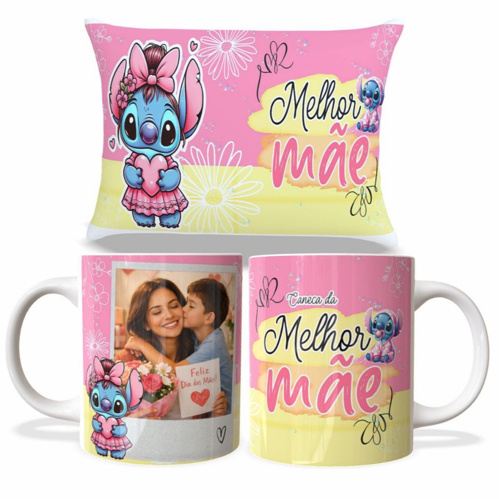 KIT-CANECA PERSONALIZADA, COM E SEM ALMOFADA E FOTO, DIA DAS MÃE PRESENTE IDEAL PARA MÃE RAINHA LILO STITCH