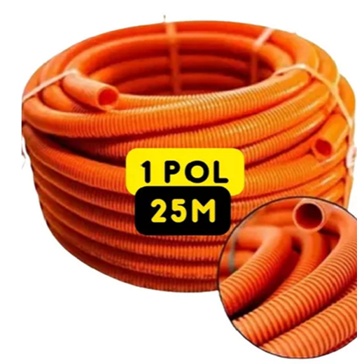 Conduite Eletroduto Corrugado Flexivel 1" Polegada Laranja 25 Mts Pead Reforçado Vigas Lajes Subsolo