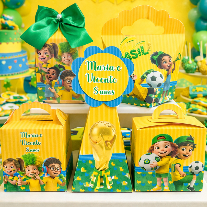 Kit Lembrancinha Copa Torcedores Brasil Infantil Pegue e Monte Caixinhas Personalizadas Festa Futebol