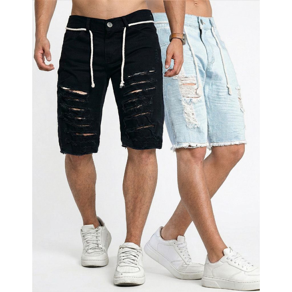 Kit 2 Bermudas Jeans Rasgadas Masculinas Destroyed Reta Slim Elastano