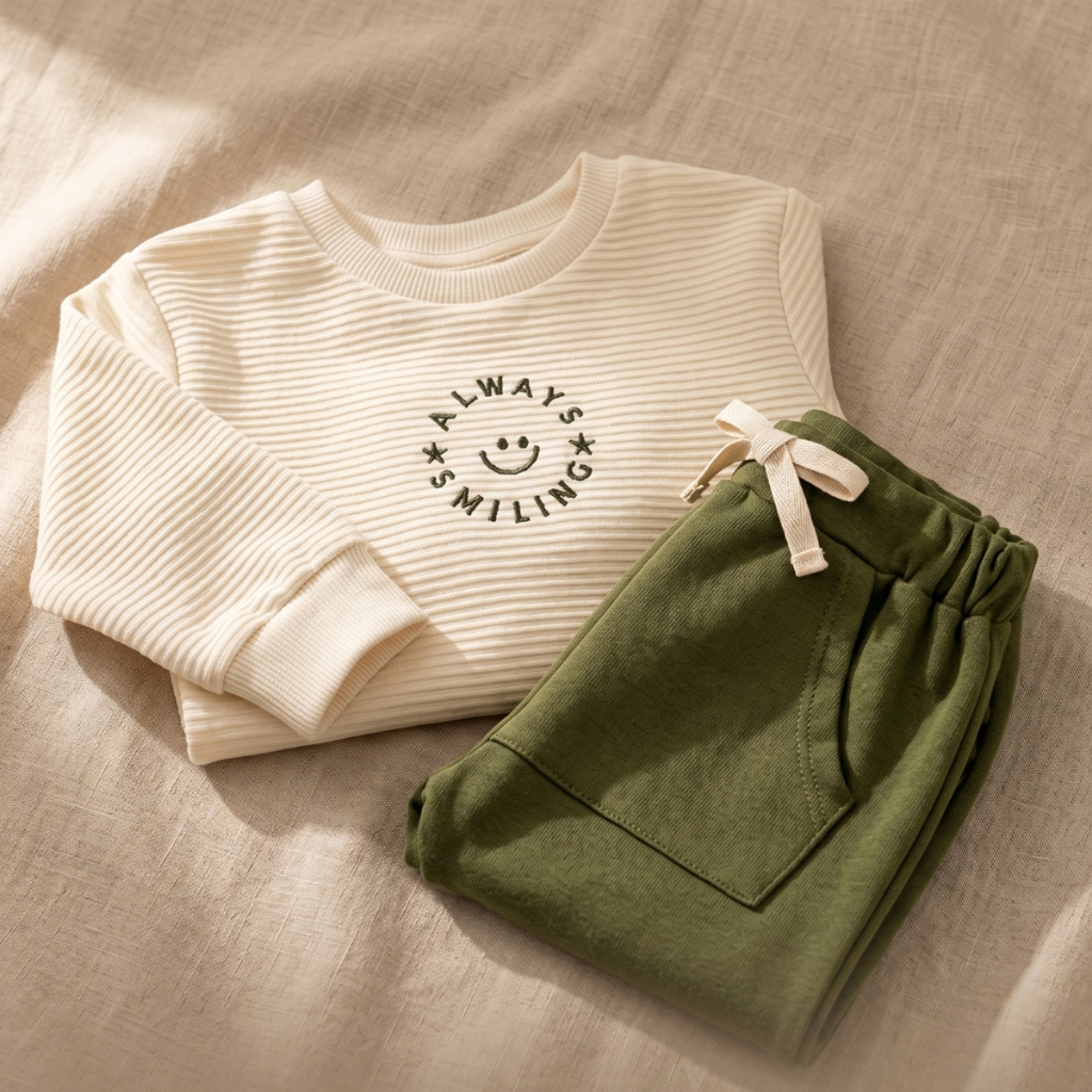 Conjunto Bebê Menino Malha Texturizada 100% Algodão  Blusa Bordada + Calça Bolso Canguru Inverno