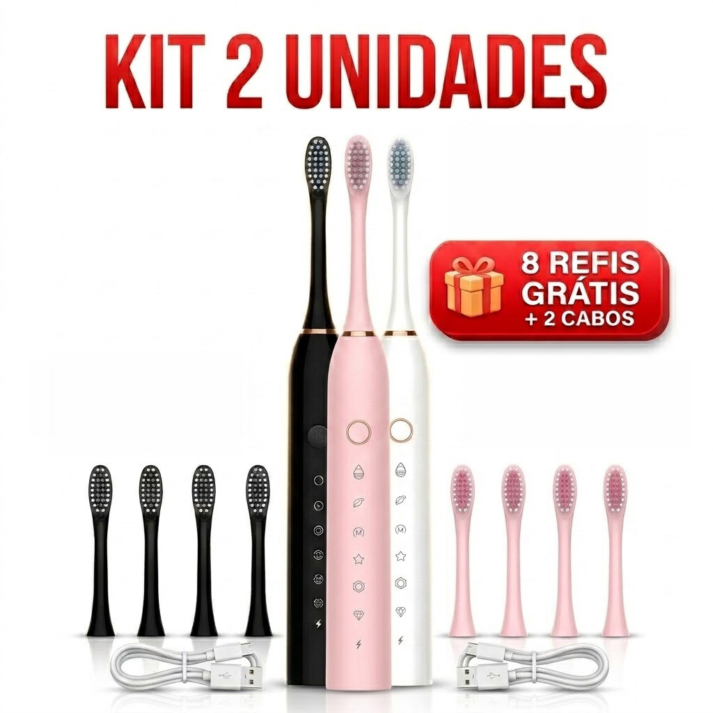 Kit 2 Escovas de Dentes Elétrica Sonic ou 1 - Recarregável + 4 Refis Grátis - 6 Modos Limpeza IPX7