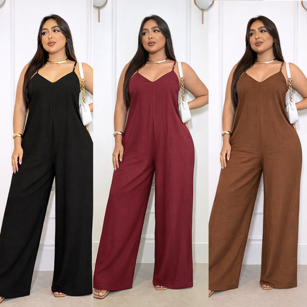 Macacão Feminino Largo Pantalona Slim e Plus Size Alcinha Decote V Social Alfaiataria Tecido Duna Moda Outono Inverno
