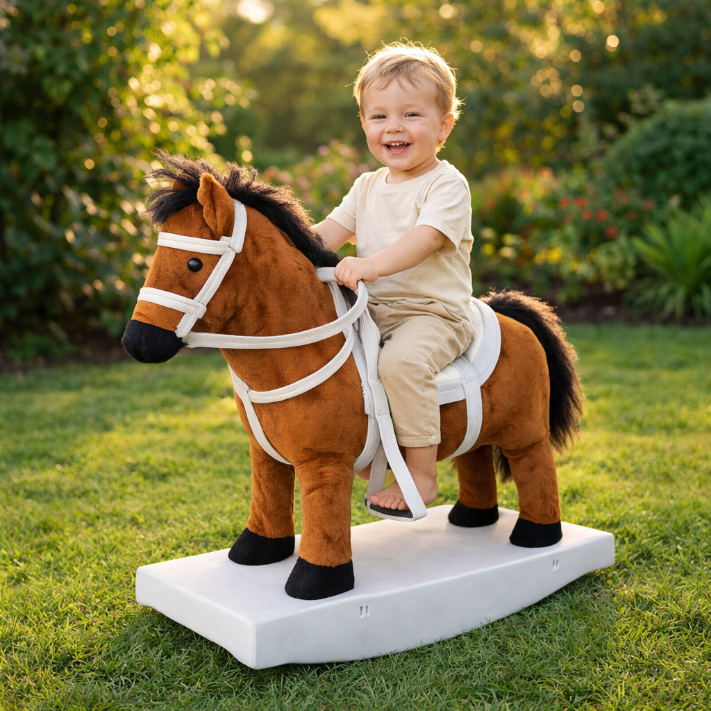 Cavalo Ponei Pop 56cm com Balanço Baby Cavalinho Infantil Gangorra Pelúcia e Madeira