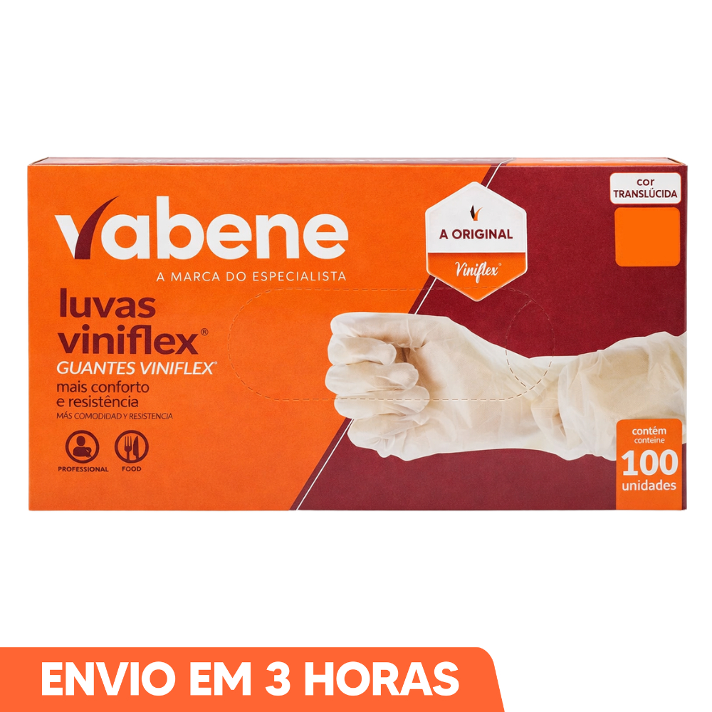 100un Luva Viniflex Transparente Sem Pó Descartável P M G GG Marca Vabene
