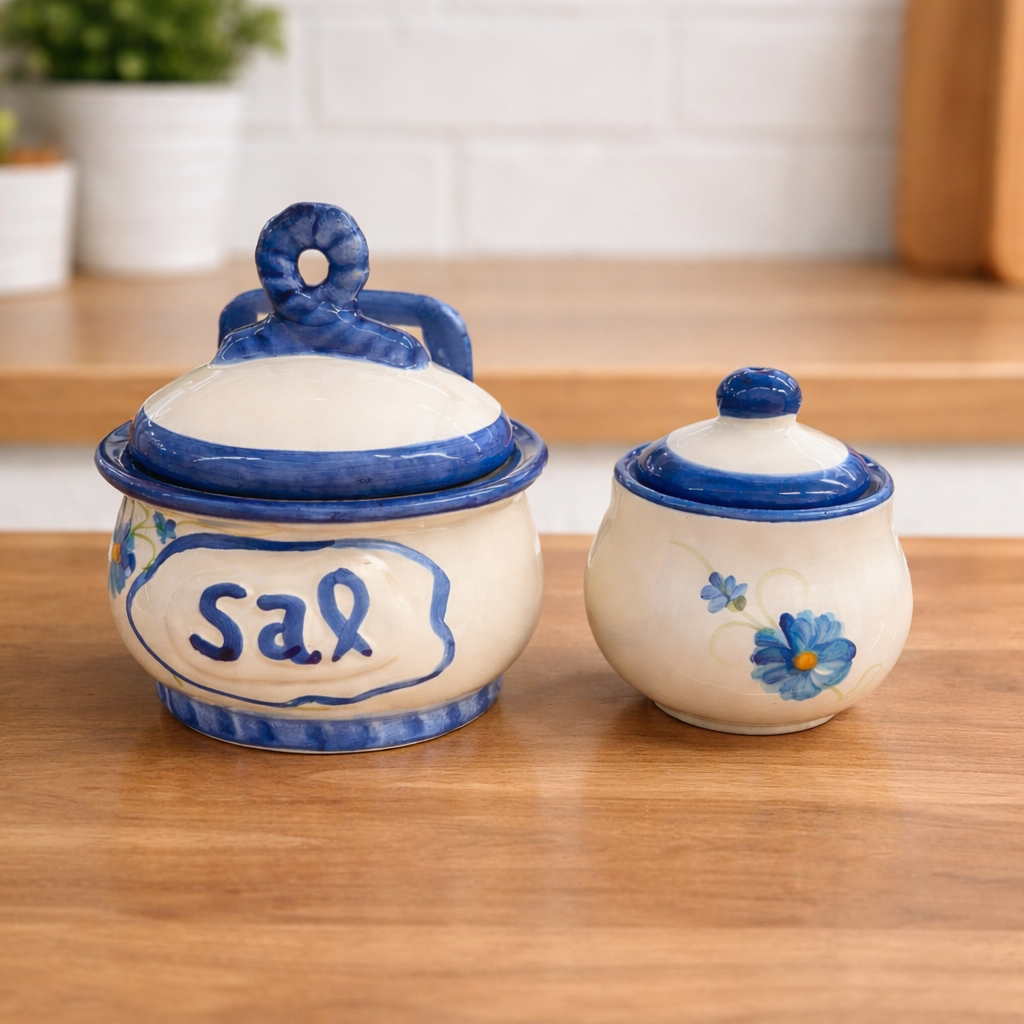 Kit Saleiro e Açucareiro Cerâmica Azul Branco com Tampa – Pote para Sal e Açúcar Decorativo Cozinha Moderna — imagem 2 de 2