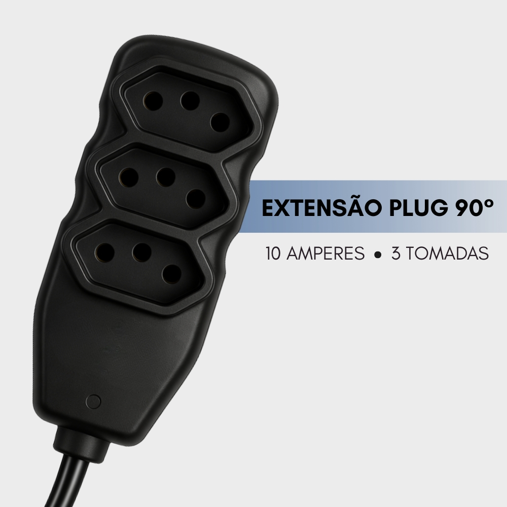 Extensão Slim Plug 90 Graus 3 Tomadas Tripolar 10A Bivolt 3 Metros Preto Force Line