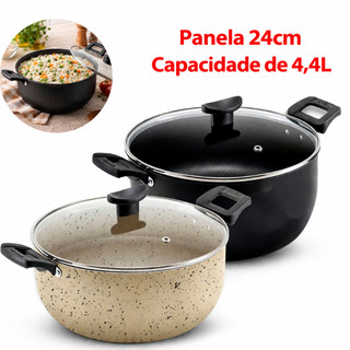 Panela Caçarola 24cm de 4,4 Litros Grande Para Cozinha Antiaderente Reforçada Tampa Vidro Temperado 22Cm 20Cm