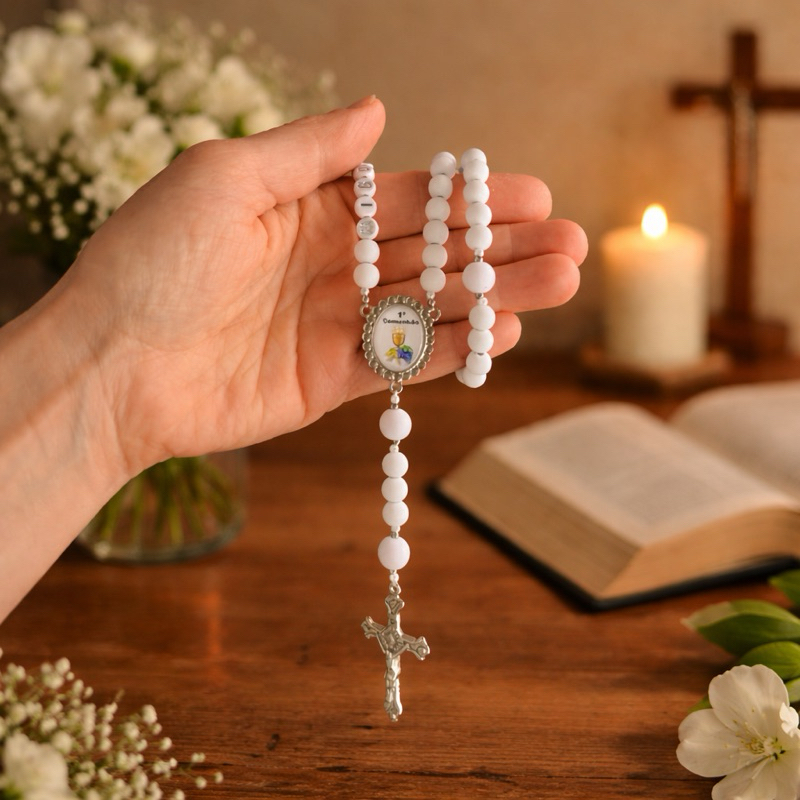 Terço Primeira comunhão branco kit com caixa de presente e organza | Presente Primeira comunhão Primeira eucaristia