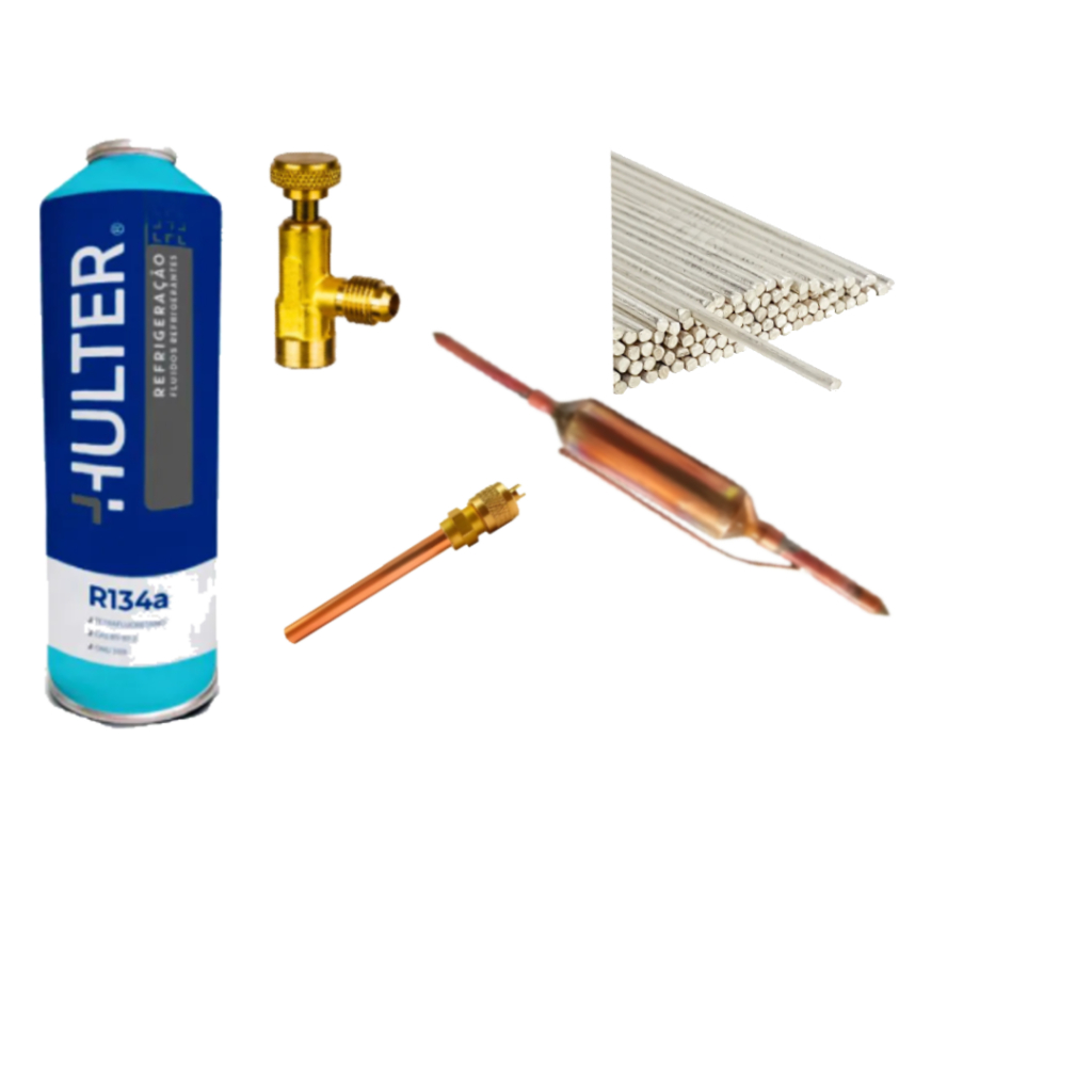 Filtro silica + União Schrader + R134a + 1 Vareta Solda Foscoper + Valvula para refil