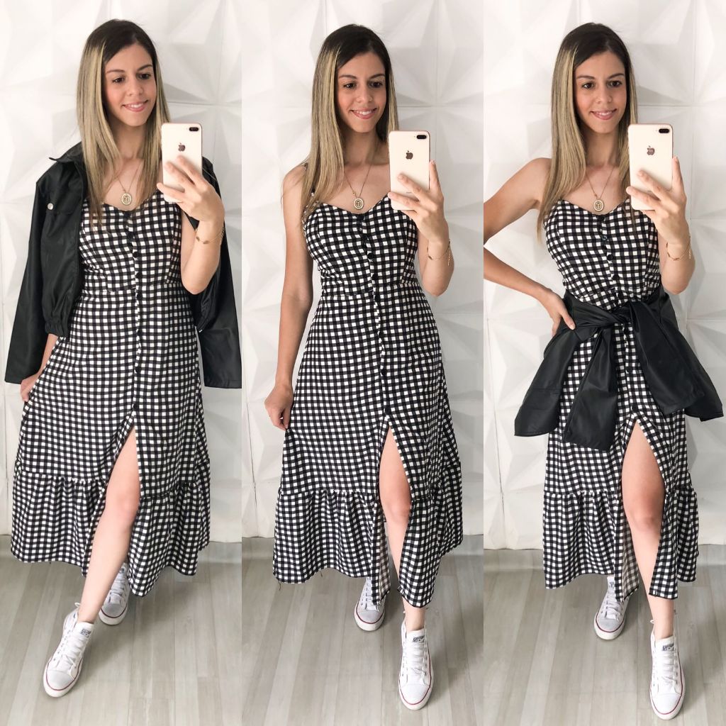 Vestido Festa Junina Feminino Xadrez Crepinho Forrado com Babado Botões Frontais Elástico nas Costas Vestido Caipira Adu