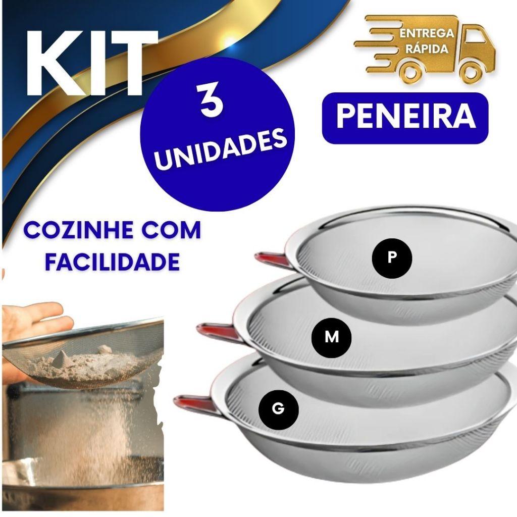 3 PENEIRAS INOX 8CM 10CM 12CM PENEIRA COZINHA AÇO INOX RESISTENTE NÃO ENFERRUJA ANTI GRUMOS