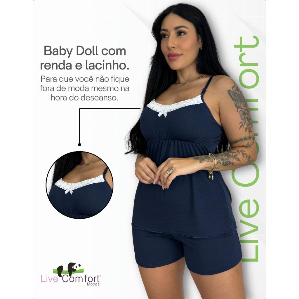 Short Doll Confortável Baby Doll Renda Lacinho Elegante Alcinha Regulagem Microfibra Moda Noite