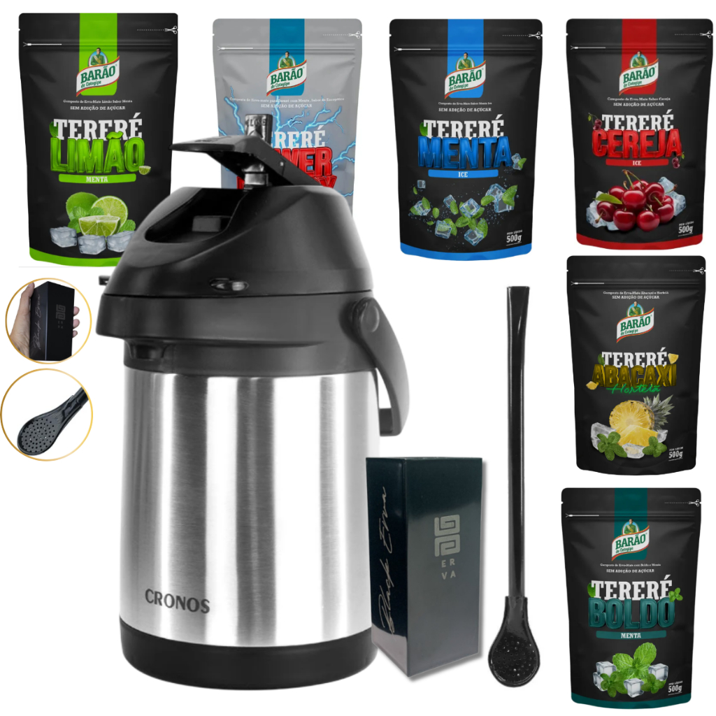 KIT BARAO Garrafa Térmica 3 Litros Inox + Copo Quadrado Preto + Bomba Clássica + Erva Mate Barao 500g