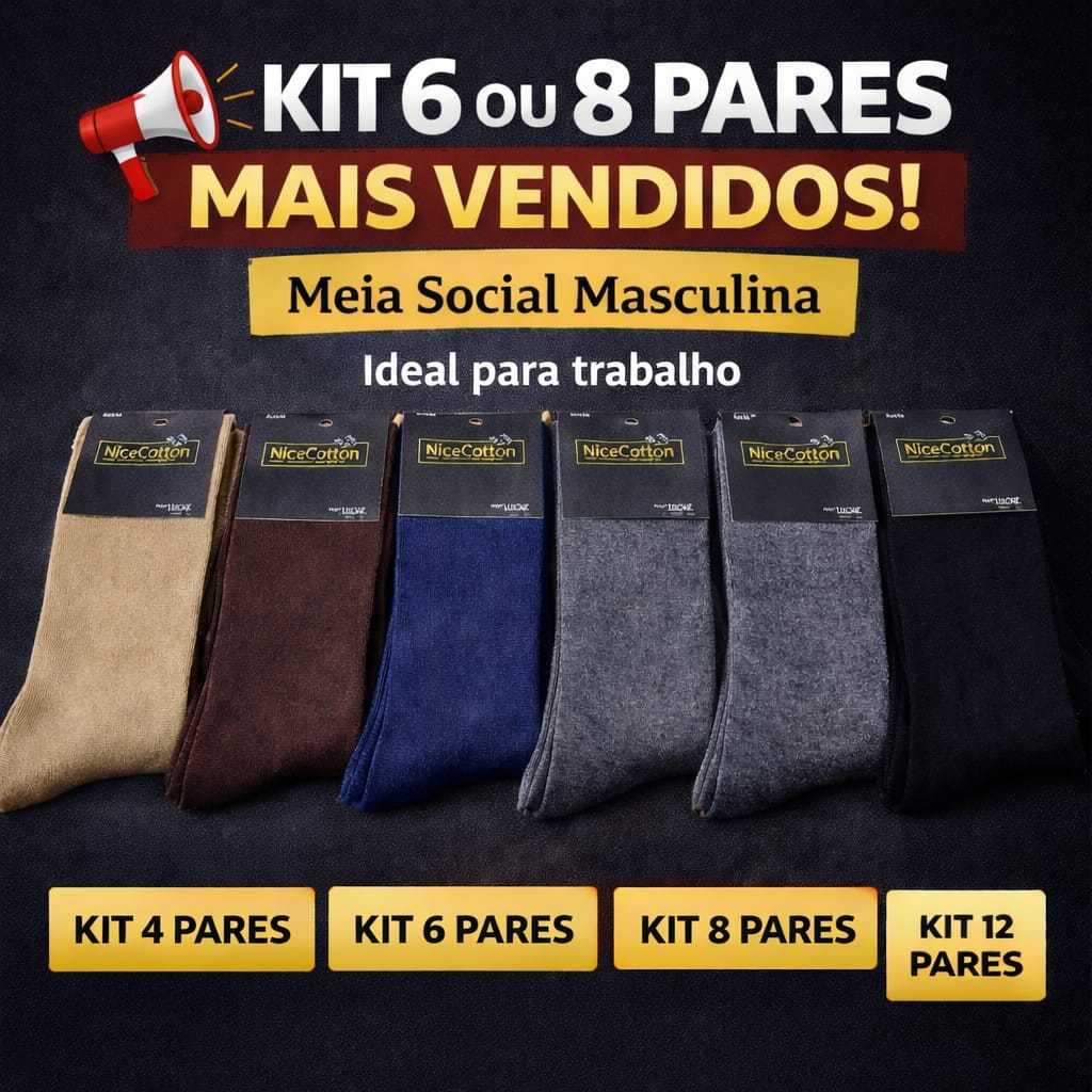 Kit Meia Social Masculina Algodão Cano Longo 2 4 6 8 12 Pares Confortável Trabalho Executivo Tamanho 40 ao 46