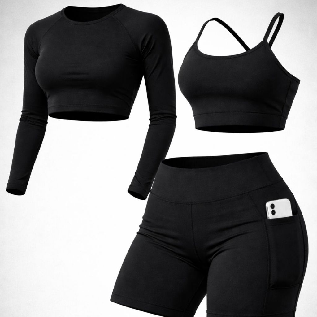 Conjunto  Academia Feminino Suplex Cropped Manga Longa + Top e Short com Bolso Zero Transparência
