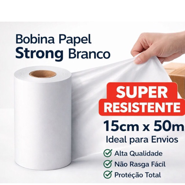 Bobina Papel Strong Branco 15cm x 50m | Embalagem Resistente Proteção Envio Ecommerce Delivery