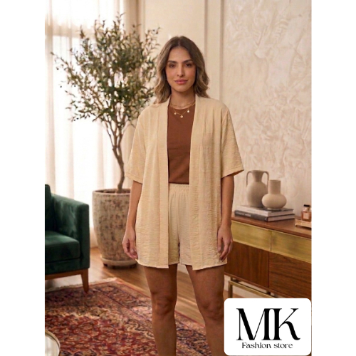 Conjunto Kimono e Short Feminino Elegante em Duna Liso
