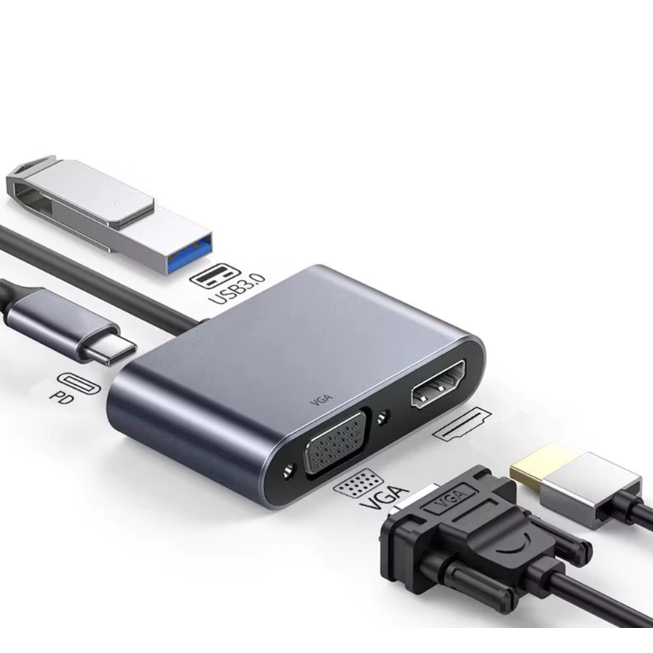 Adaptador HUB Tipo C 4 em 1 para Usb 3.0 Tipo C Hd 4k Vga Hdmi