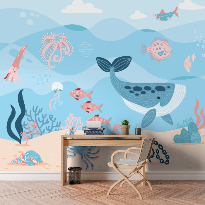 Papel de Parede Baleia No Fundo do Oceano - Papel deParede Decorativo Autocolante Personalizado