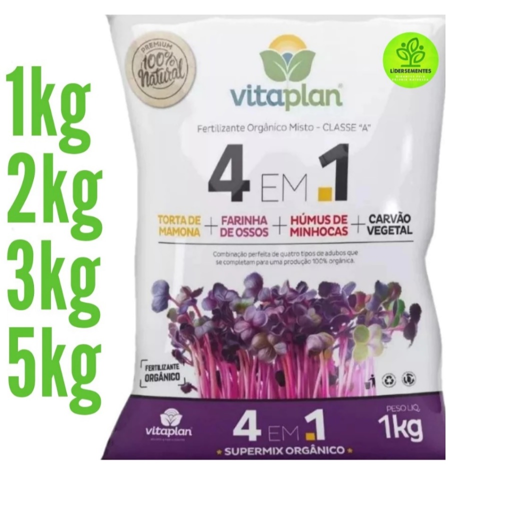 Fertilizante Adubo Orgânico 4 em 1 Torta Farinha Humus Carvão Vitaplan Nutriplan Saco 1 Kg