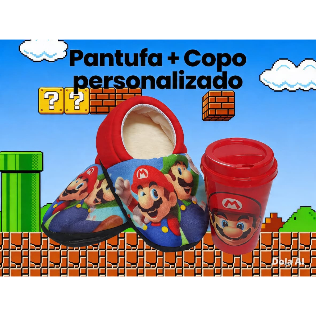 Pantufa Mario com Copo Personalisado