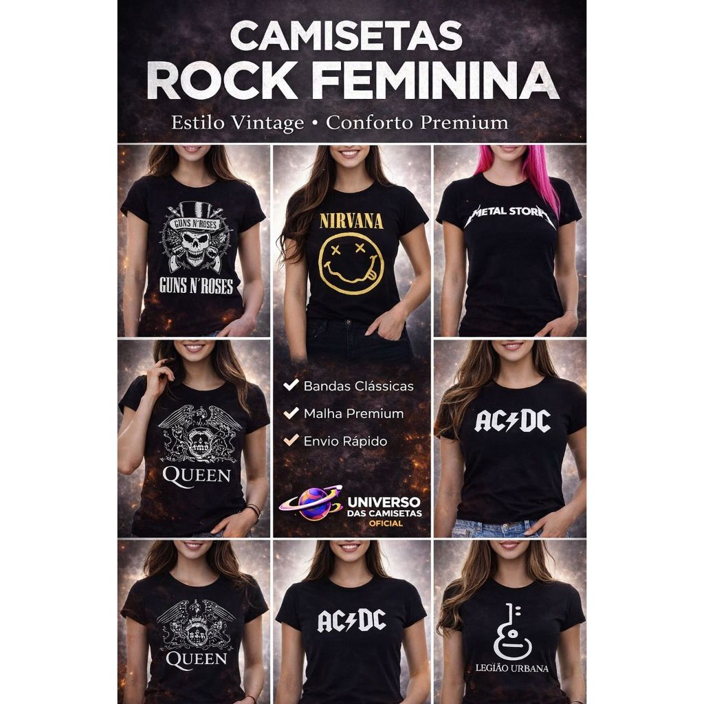Camiseta Feminina Baby Look Preta Bandas Rock Guns N' Roses Metallica Queen Nirvana Legião Slipknot