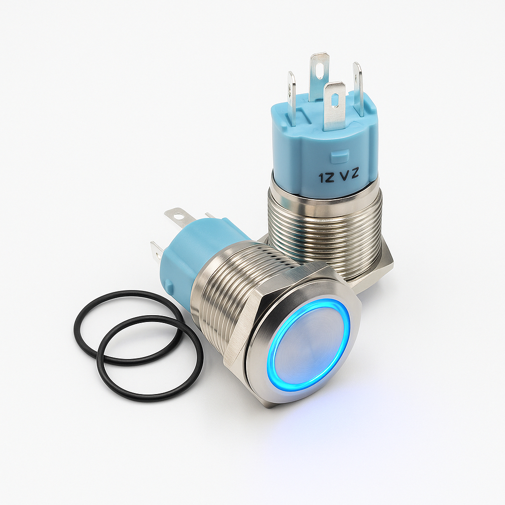 Botão Pulso Momentâneo Inox Símbolo Ring 16mm LED 12V Resistente a Água e Não Enferruja Antivandalismo