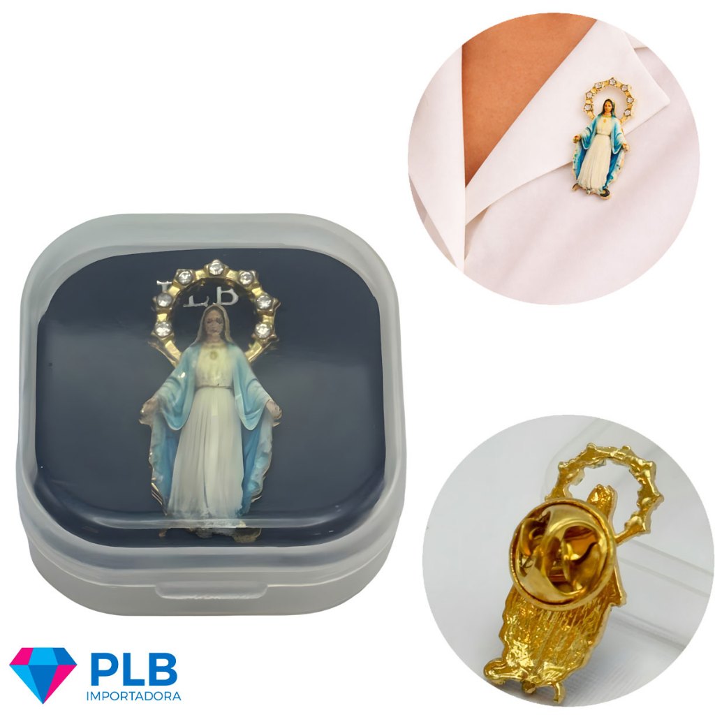 Kit 12 Broche Nossa Senhora das Graças Dourado Religioso Caixinha Botton Fé Proteção Acessórios