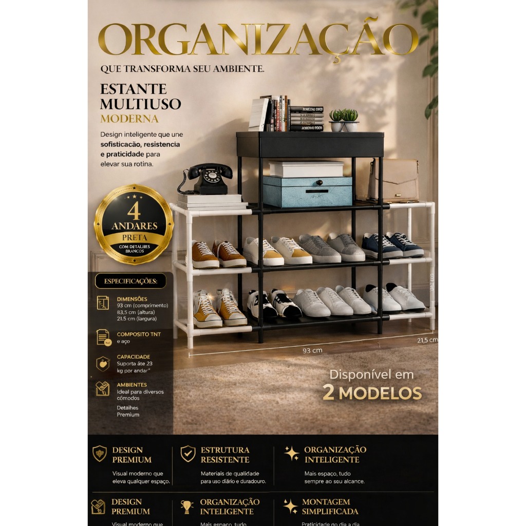 Estante Multiuso Organizadora Sapateira 4 Andares Dobrável Fácil Montagem Compacta Sala Quarto