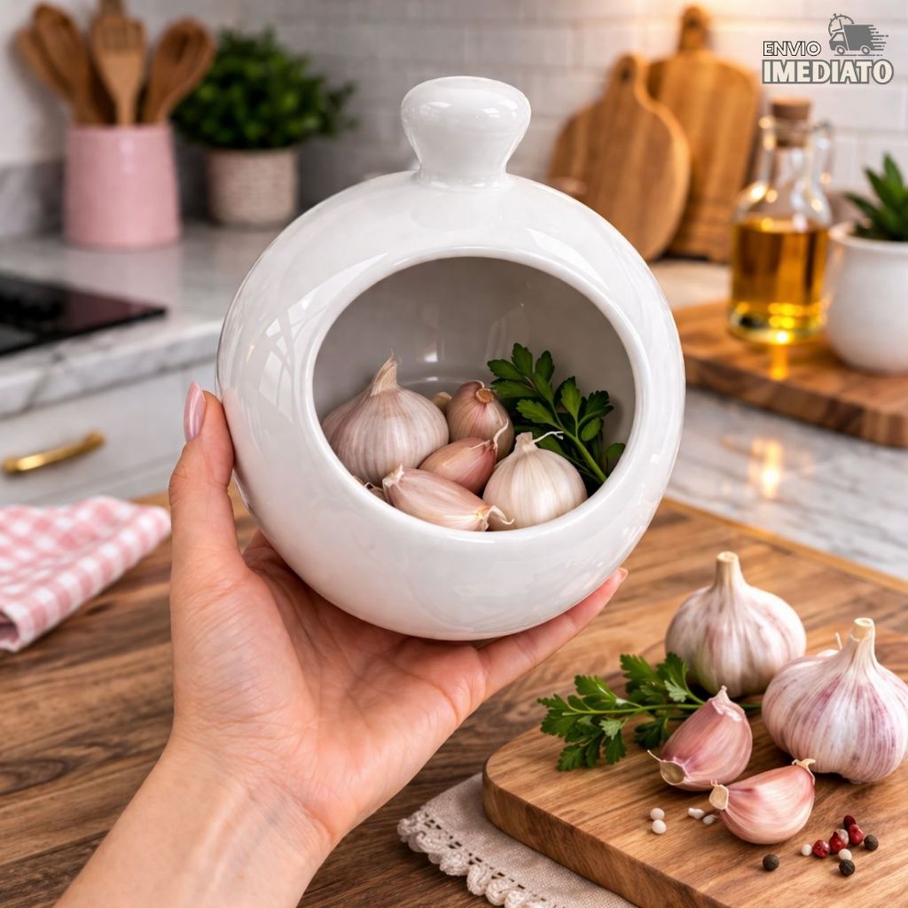 Porta Alho Cerâmica Branco Guarda Alho e Sal Organização Cozinha Praticidade Liso