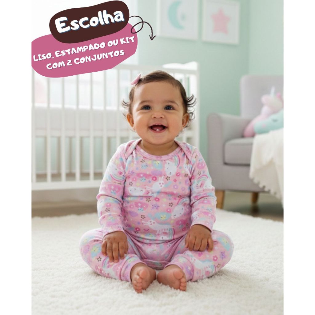 Kit Roupa Bebê Térmico Body Manga Longa Calça Peluciado Macio Inverno Unicórnio Liso Estampado com Gola Envelope RN ao 3