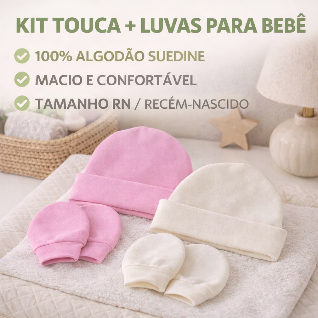 Kit 2 Touca e 2 Pares de Luvas RN Bebê 100% Algodão Suedine Macio Confortável Recém Nascido