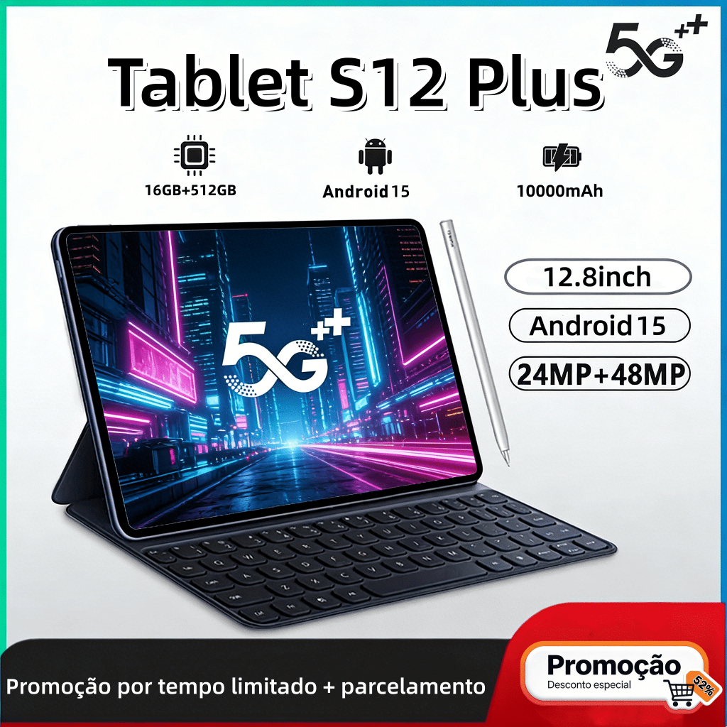 Tablet S12 Plus 12,8 polegadas, 16 GB + 512 GB, bateria de 10000 mAh, 5G e Wi-Fi – Oferta por tempo limitado com parcela
