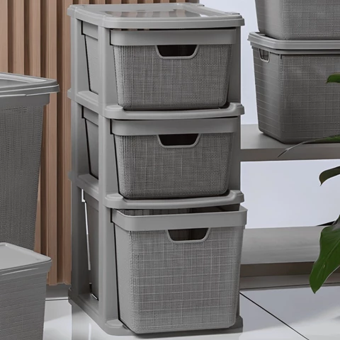 Gaveteiro Organizador de Chão  de Plástico com 3 Gavetas 15 litros Moderno com Textura Jutta