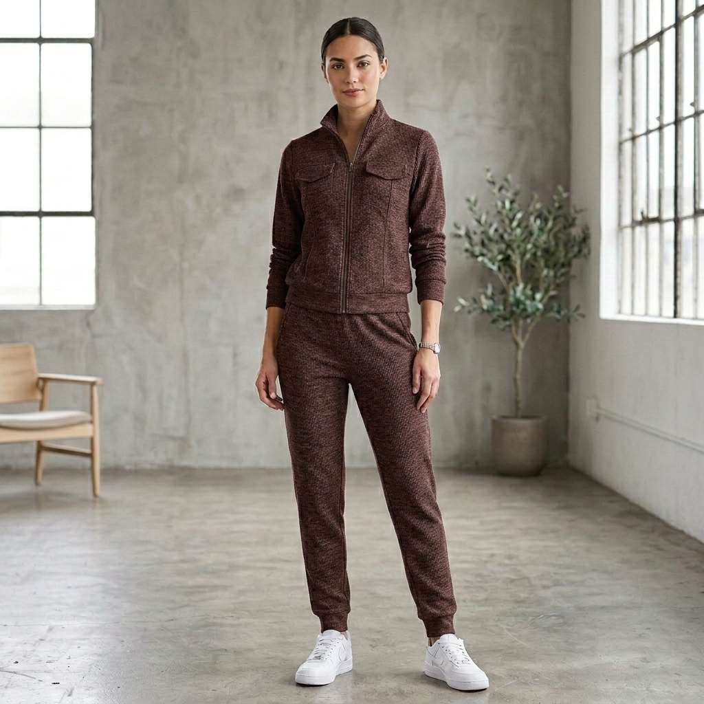 Conjunto Feminino Agasalho e calça de Malha Rib Com Zíper e Bolsos  Fashion inverno outono