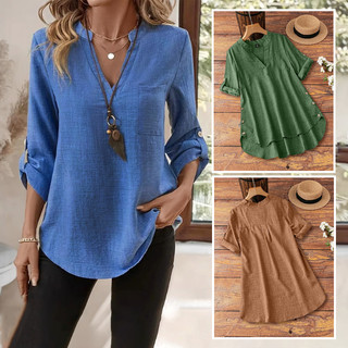 Camisa Feminina Largo Manga Curta Gola V Cor Sólida Básica Elegante Casual Verão G ao G2