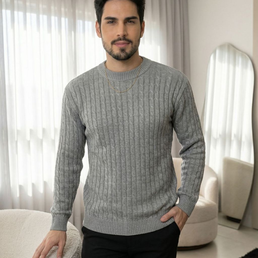 Suéter de Tricô Masculino Blusa Manga Longa Trançado Inverno Elegante Social Dia a Dia Casual