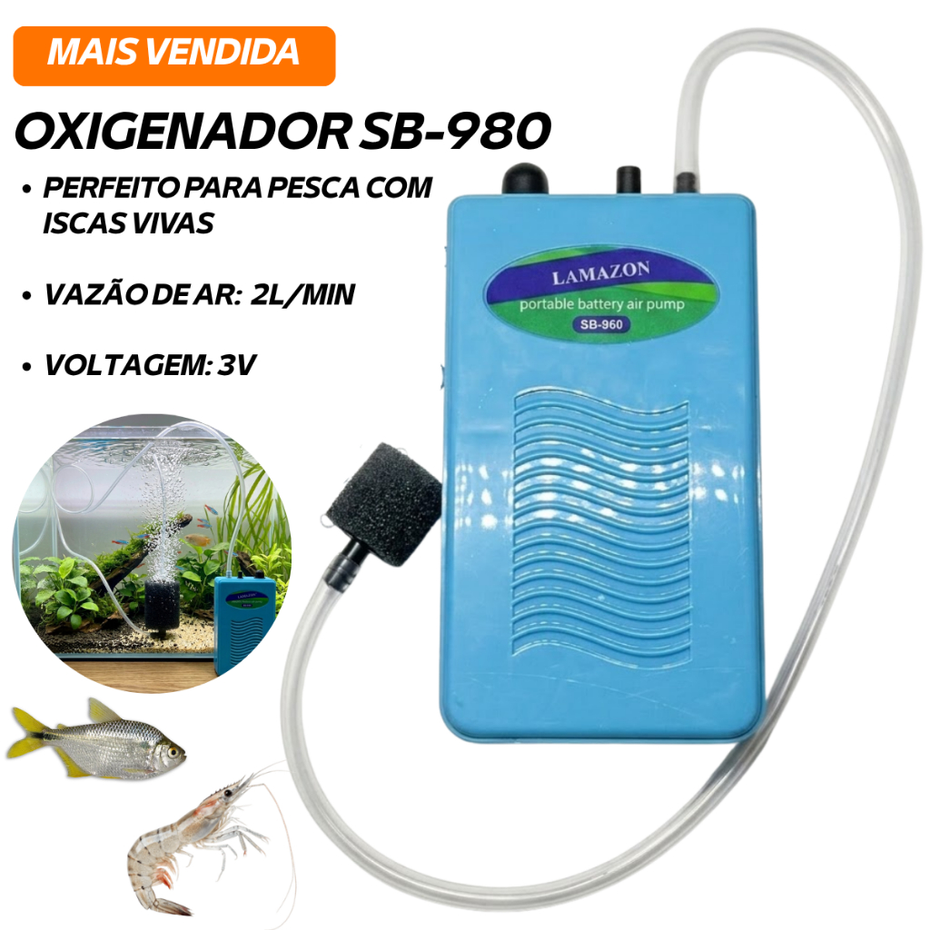 Oxigenador Bomba de Oxigenio a Pilha Isca Viva Camarão Vivo Aerador Aquario Pesca Compressor Ar