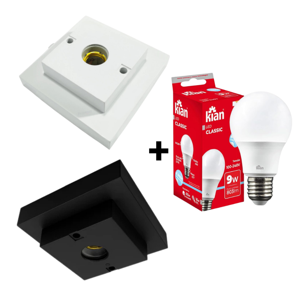 Kits Plafon Quadrado Preto e Branco 100W Interneed E27 + Lâmpada 9W 6500K Casa Luminária Apartamento Área Interna Sala