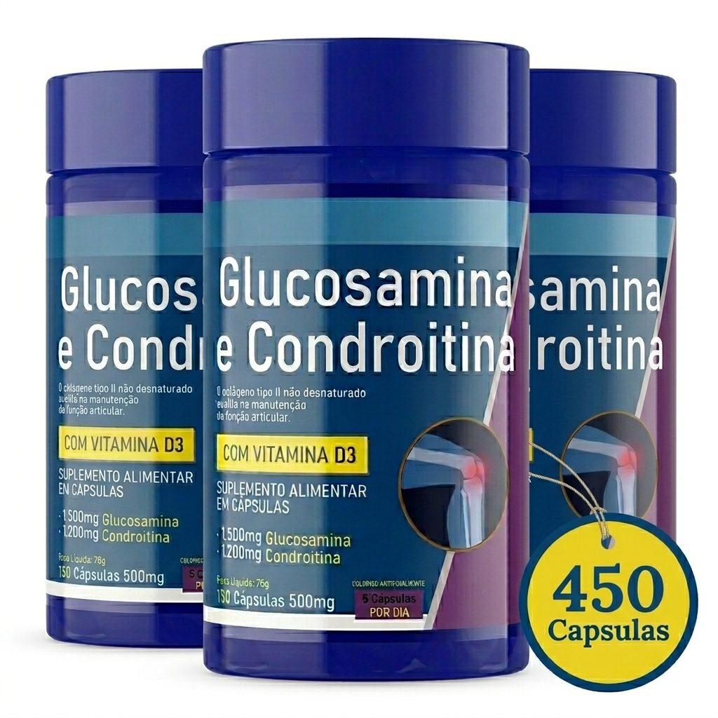 Kit 3x Flex Glucosamina + Condroitina + MSM + Vitamina D3 + Colageno Tipo II UCII + Manganes - 450 Caps Articulações
