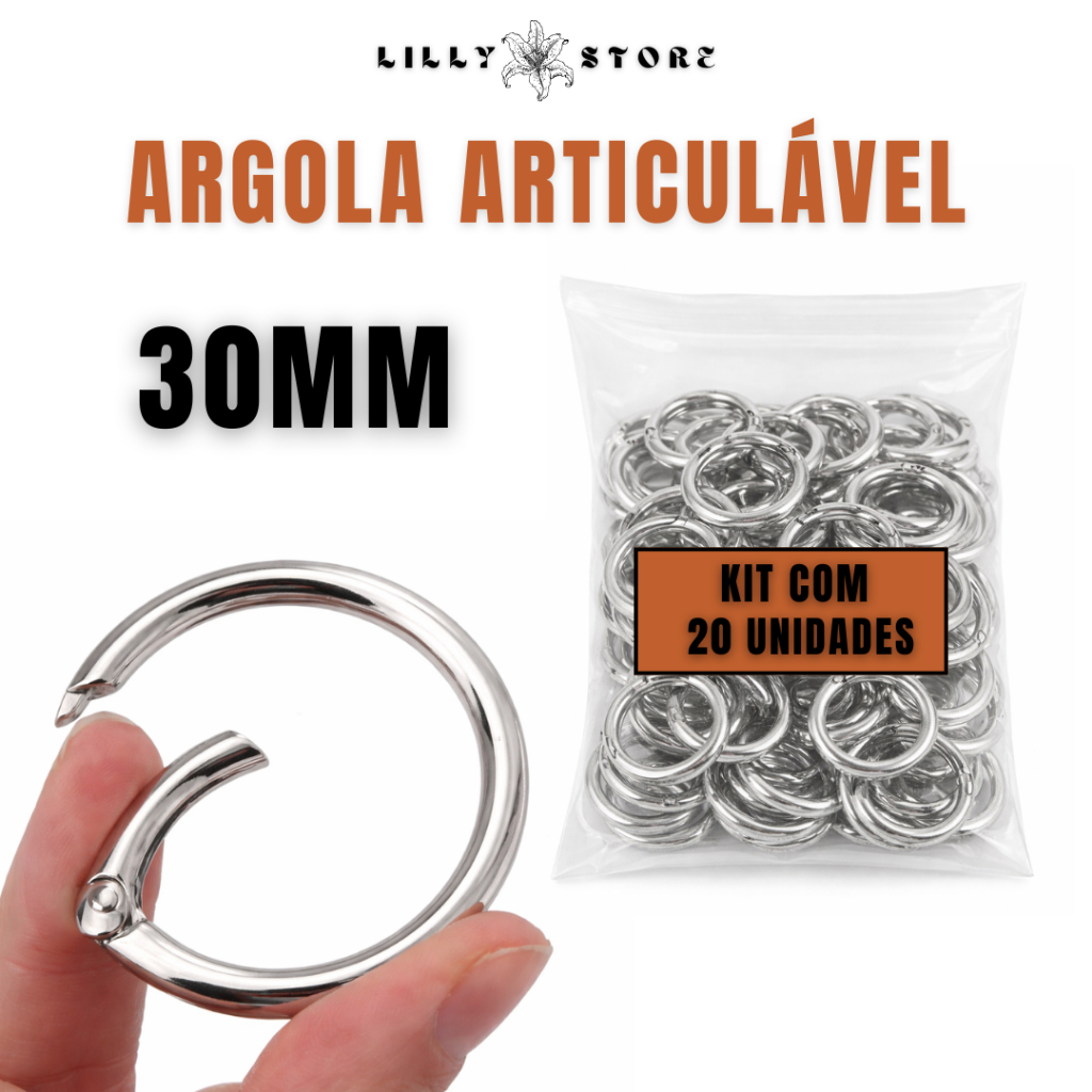 Mosquetao Argola Articulada –  30mm – PRATA/DOURADO – Kit 20 Unidades