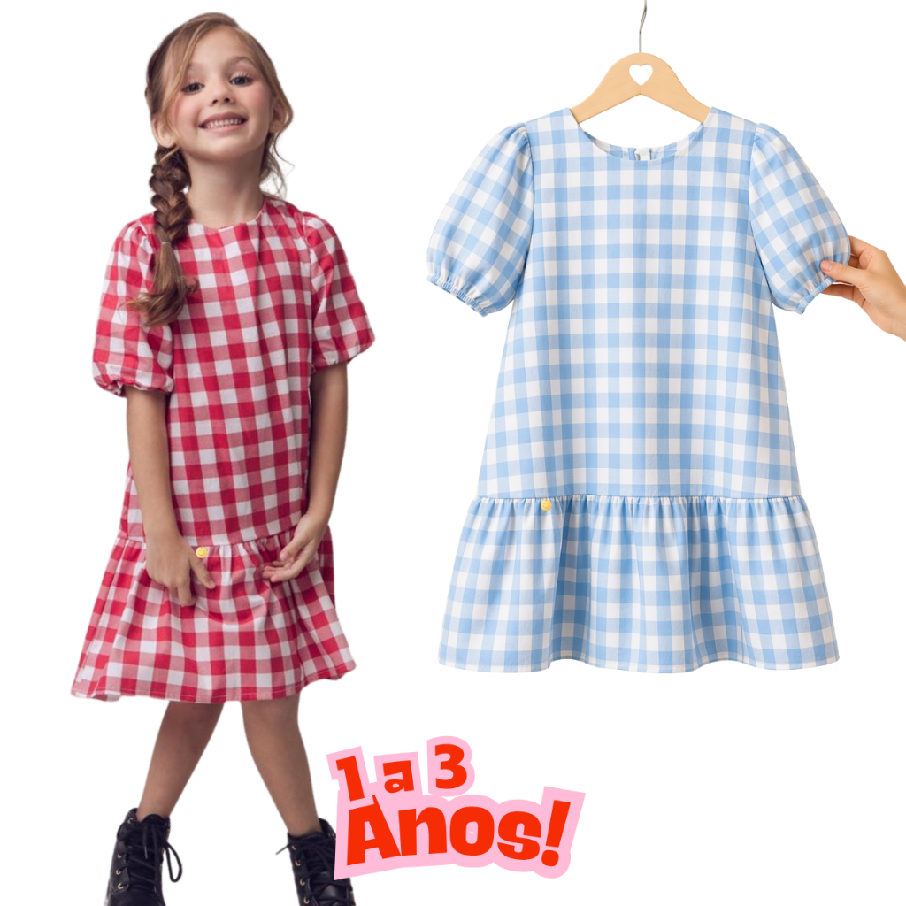 Vestido São João Xadrez Feminino de Babado Estampa Junina Vestido Infantil Festa Junina Kids