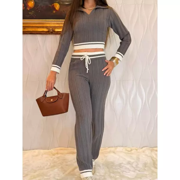 Conjunto Manga Longa Feminino Tricot Modal Blusa Gola Polo Calça Wide Leg com Cordão Detalhes em Listras Aerolook