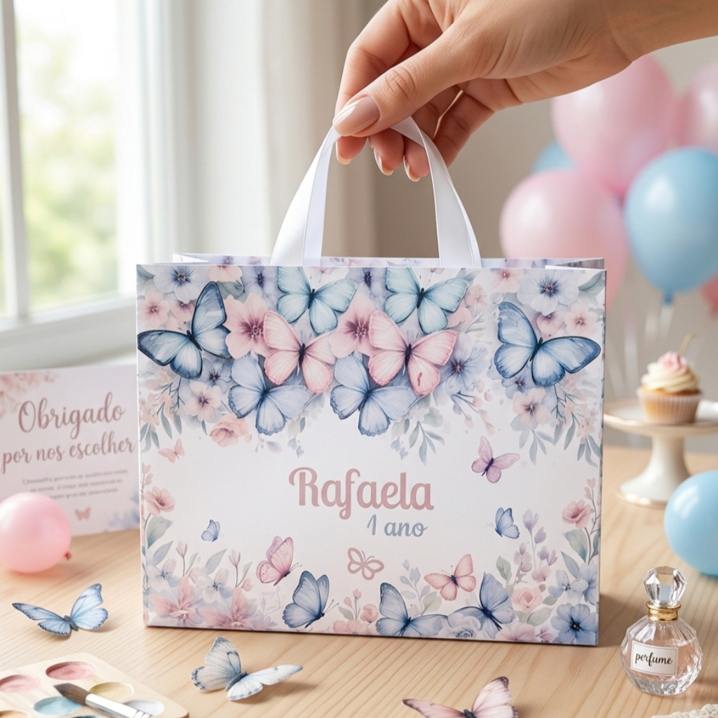 Sacolinha Personalizada Jardim Encantado com Borboletas | Nome e Idade | Lembrancinha Festa Infantil Luxo Pegue e Monte