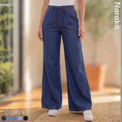 Calça Wide Leg Feminina Cintura Alta Pantalona Tecido Leve