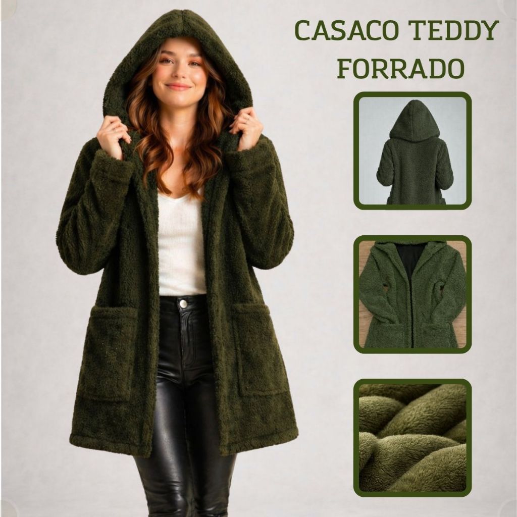 Casaco Teddy Forrado Pelinhos Blusão Pelucia Ted Touca Capuz Tedy Bolso de Inverno Manga Longa